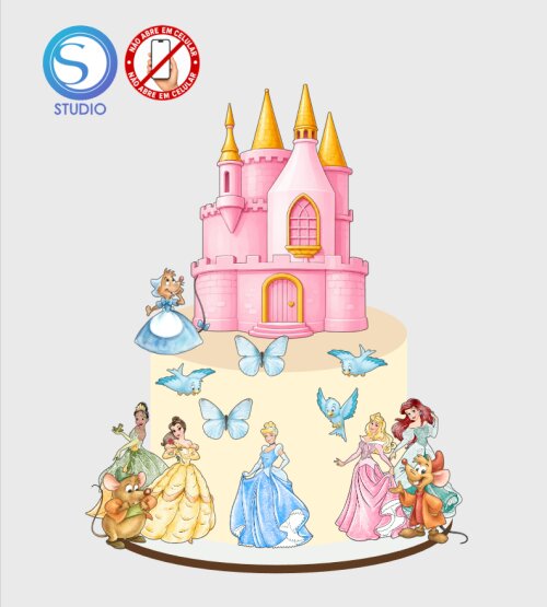 4397 - Arquivo Topo de Bolo Princesas Aquarela Castelo