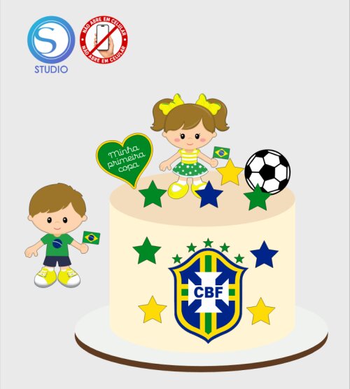 4434 - Arquivo Topo de Bolo Copa do Mundo Brasil Menino e Menina