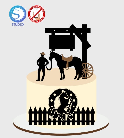 4437 - Arquivo Topo de Bolo Vaqueiro Cavalo Fazenda
