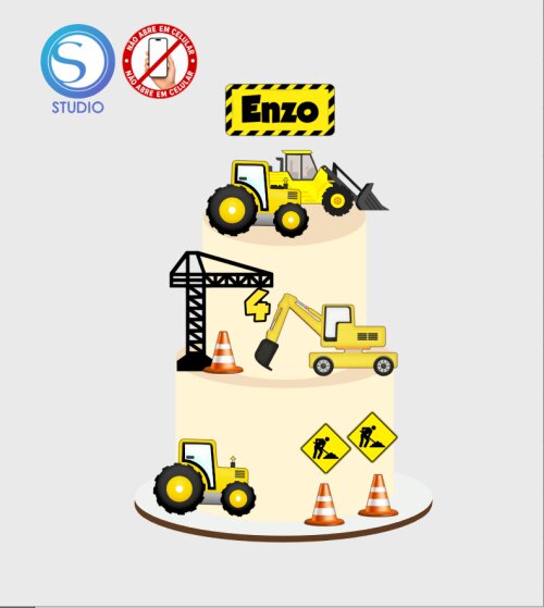 4489 - Arquivo Topo de Bolo Trator Escavadeira Construção