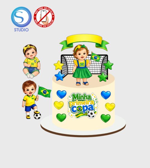 4524 - Arquivo Topo de Bolo Copa do Mundo Brasil Menino e Menina