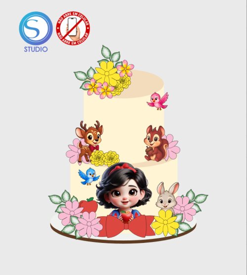 4527 - Arquivo Topo de Bolo a Branca de Neve Flores Realistas