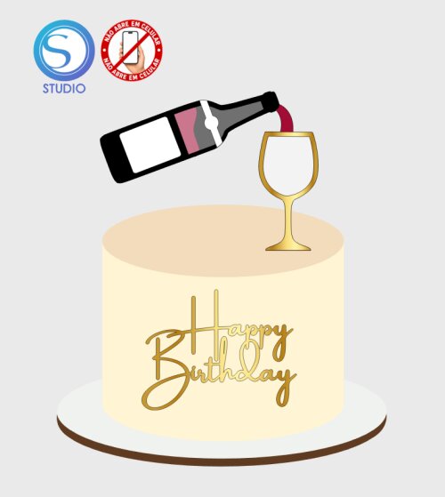 4539 - Arquivo Topo de Bolo Garrafa de Vinho Happy Birthday