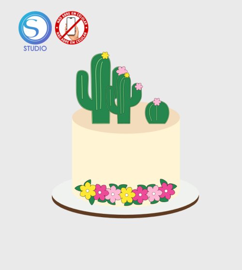 4638 - Arquivo Topo de Bolo Cactos Flores