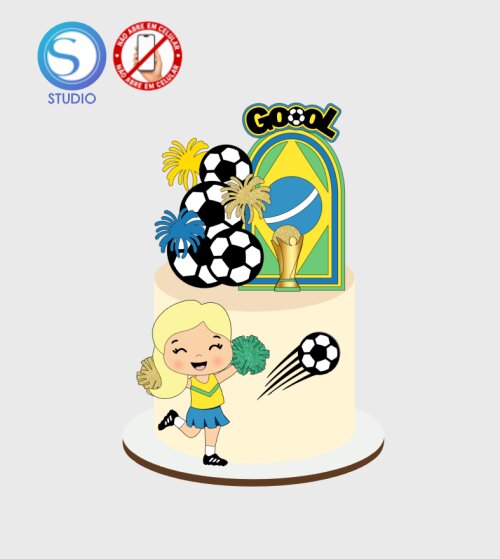 4702 - Arquivo Topo de Bolo Copa do Mundo Brasil Menina Torcedora