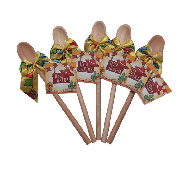Lembrancinha Charraiá Laço Xadrez Mini Colher de Pau 16x2 cm