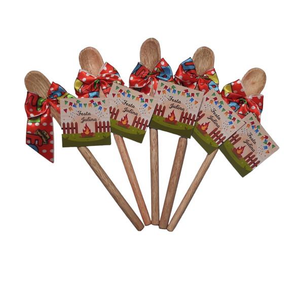 Lembrancinha Charraiá Laço Xadrez Mini Colher de Pau 16x2 cm