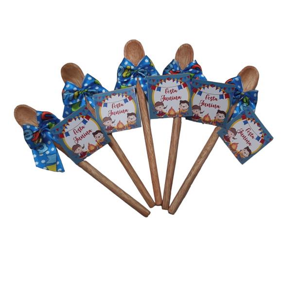 Lembrancinha Festa Junina Azul Mini Colher de Pau 16x2 cm