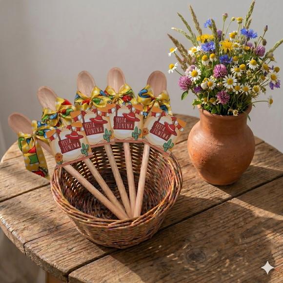 Lembrancinha Festa Junina Colher 16cm Amarela Xadrez
