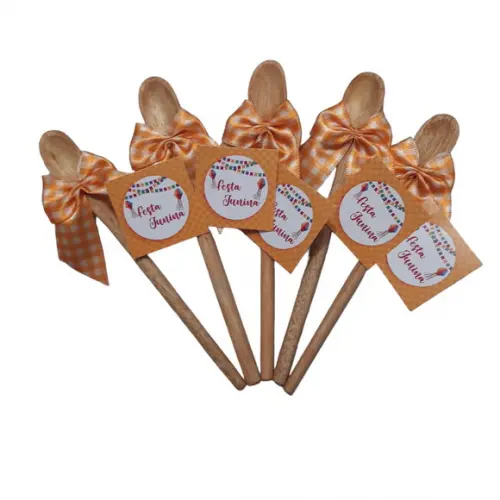 Lembrancinha Charraiá Laço Xadrez Mini Colher de Pau 16x2 cm