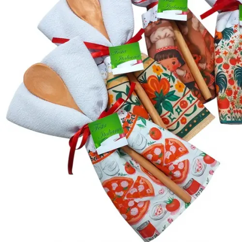 Lembrancinha Festa Italiana Kit Pano + Colher Embalado