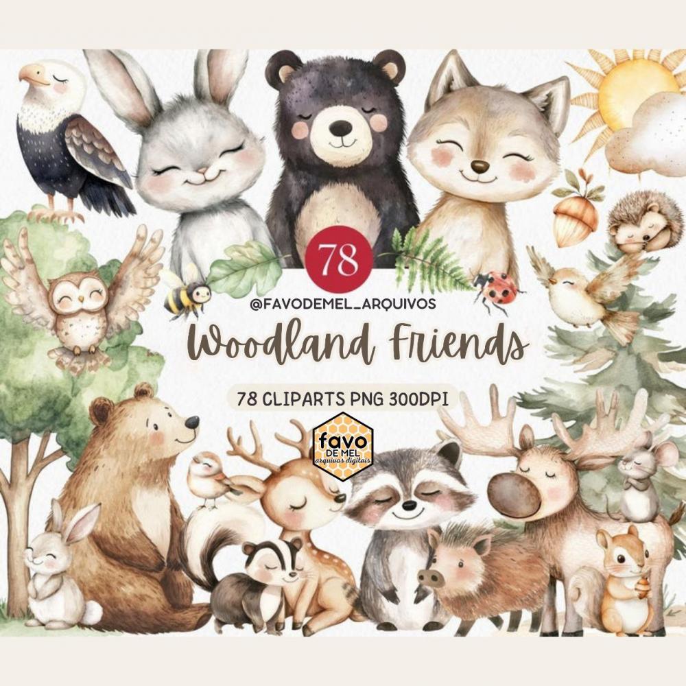 Kit Digital Animais do Bosque Aquarela
