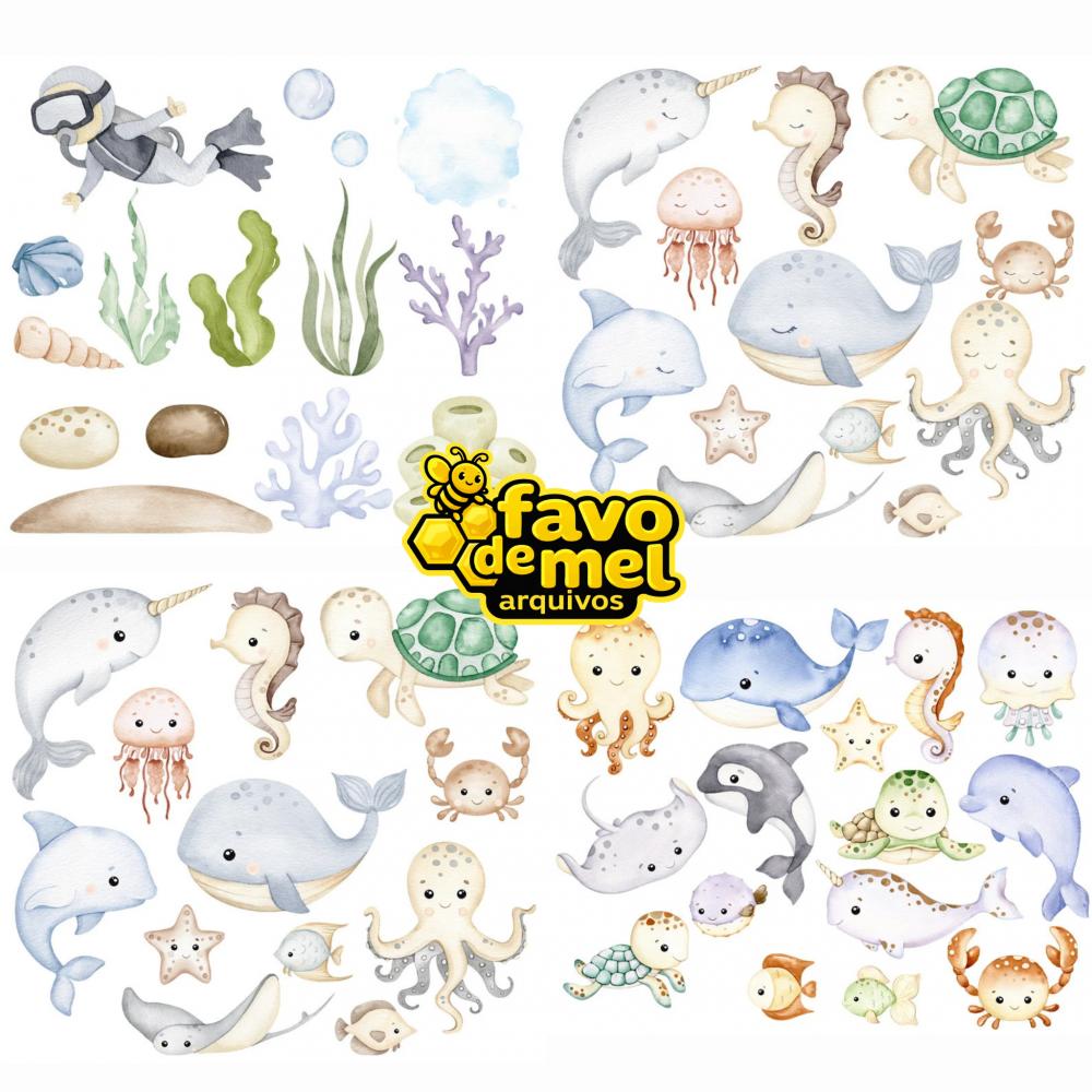 Kit Digital Fundo do Mar Aquarela - combo 4 kits