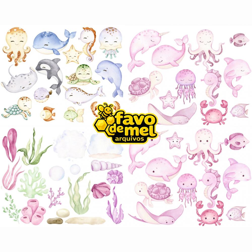 Kit Digital Fundo do Mar Aquarela - combo 4 kits