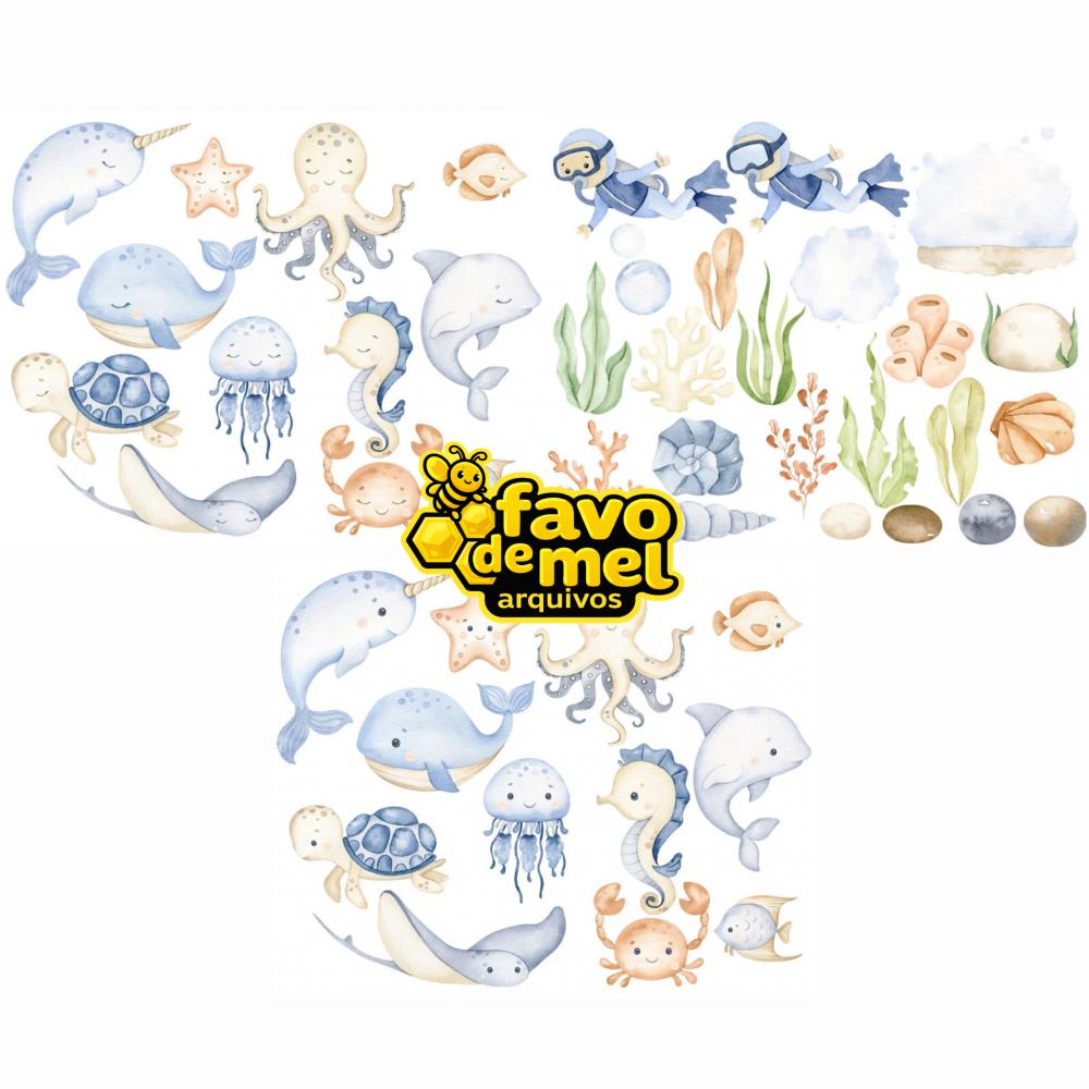 Kit Digital Fundo do Mar Aquarela - combo 4 kits