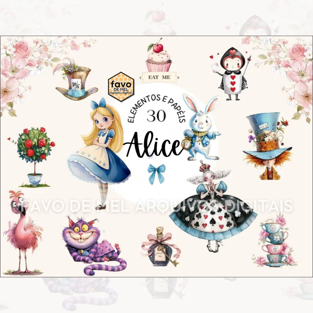 Kit Digital ALICE NO PAÍS DAS MARAVILHAS Aquarela