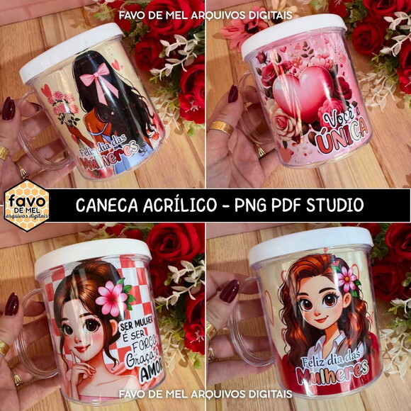 Arquivo Digital Caneca Acrílico Dia da Mulher pdf Studio Png
