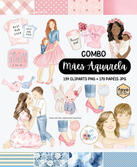 Arquivo Digital Combo Dia das Mães Aquarela Png com Papéis