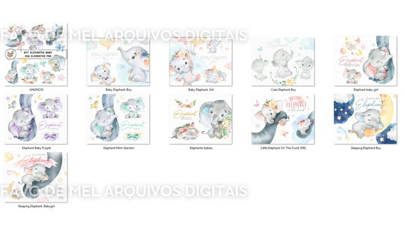Arquivo Digital Elefantes Baby Aquarela - Combo 10 Kits Png