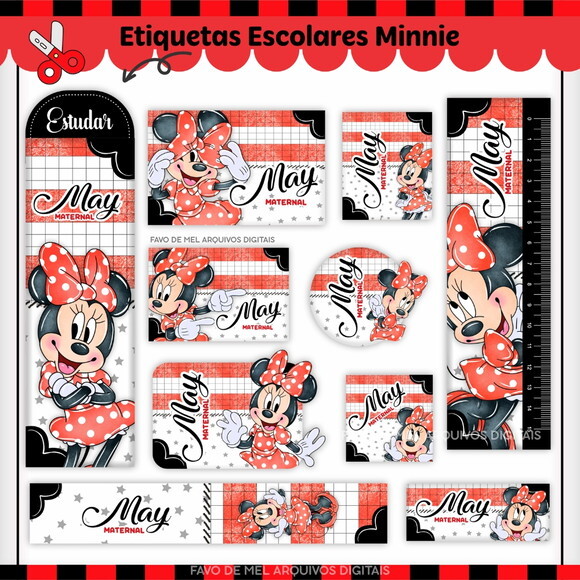 Arquivo Digital Etiqueta Escolar Minnie Vermelha Aquarela