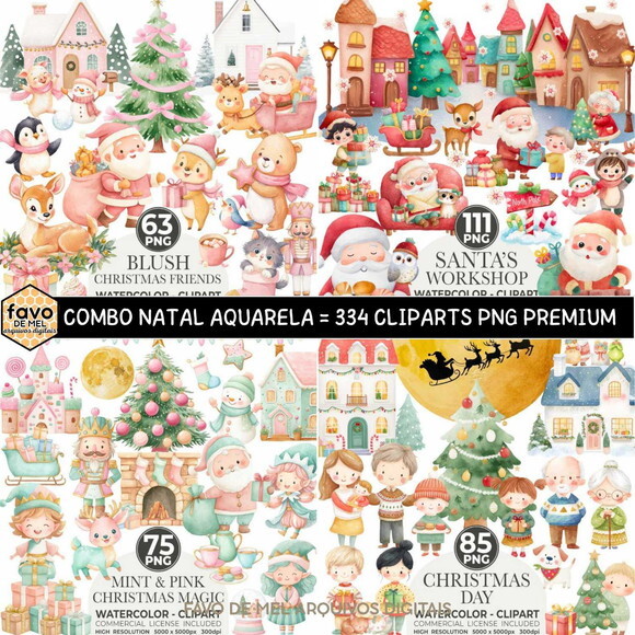 Combo 04 Kits Natal Aquarela #01 Png Premium