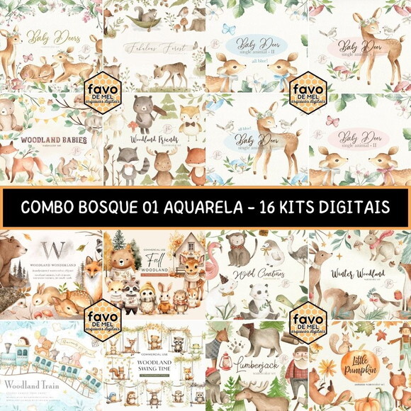 Combo Digital Bosque Aquarela 01 - Pack com 16 Kits Digitais