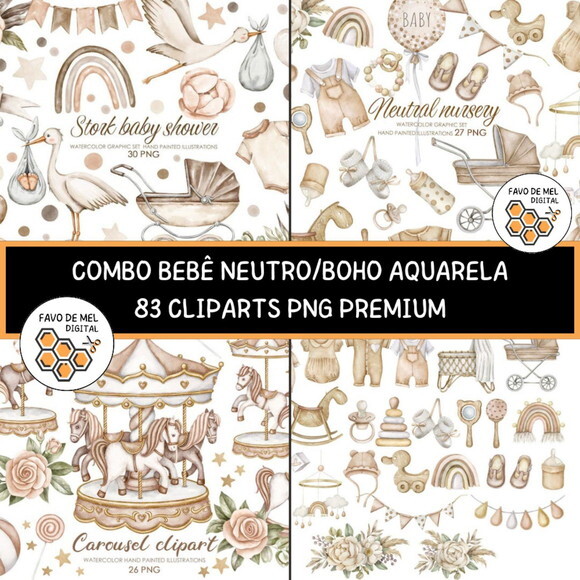 Combo Digital Bebê Neutro Aquarela - Carrossel e Chá de Bebê