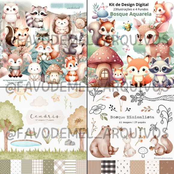 Combo Digital Bosque Aquarela 02 - Pack com 16 Kits Digitais