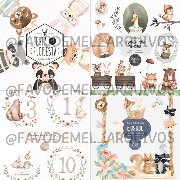Combo Digital Bosque Aquarela 02 - Pack com 16 Kits Digitais