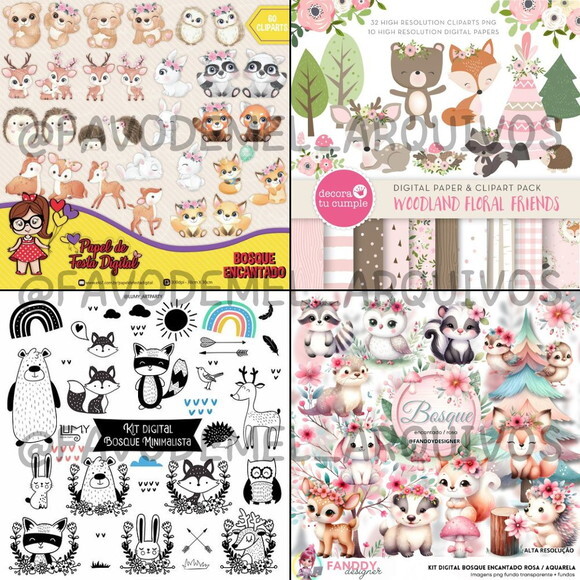 Combo Digital Bosque Aquarela 02 - Pack com 16 Kits Digitais