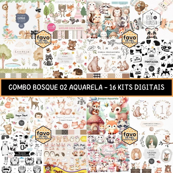 Combo Digital Bosque Aquarela 02 - Pack com 16 Kits Digitais