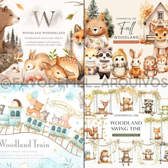 Combo Digital Bosque Aquarela 01 - Pack com 16 Kits Digitais
