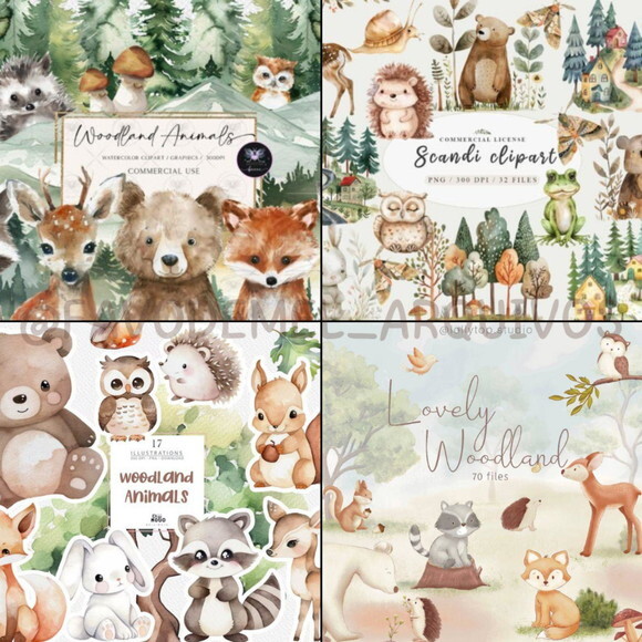 Combo Digital Bosque Aquarela 03 - Pack com 16 Kits Digitais