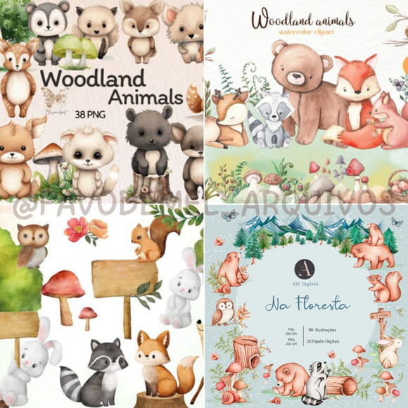 Combo Digital Bosque Aquarela 03 - Pack com 16 Kits Digitais