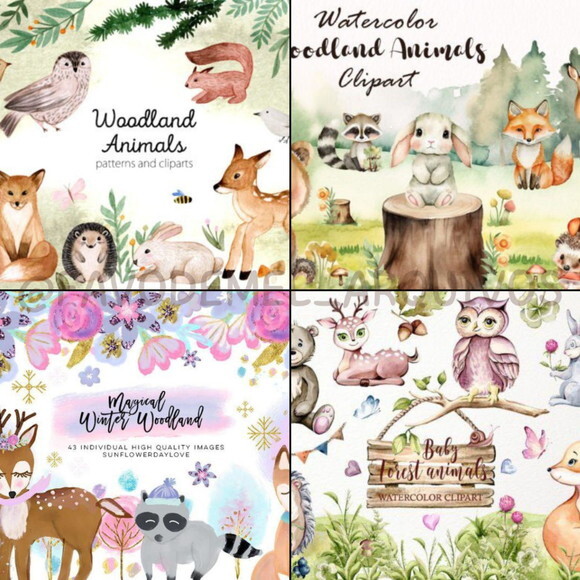 Combo Digital Bosque Aquarela 03 - Pack com 16 Kits Digitais
