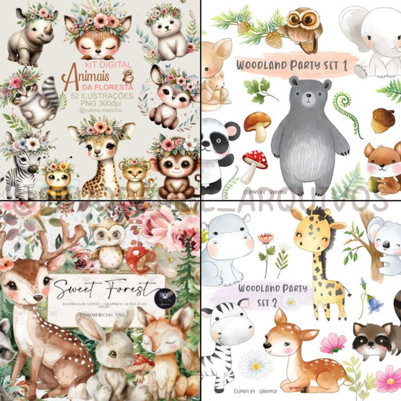Combo Digital Bosque Aquarela 03 - Pack com 16 Kits Digitais