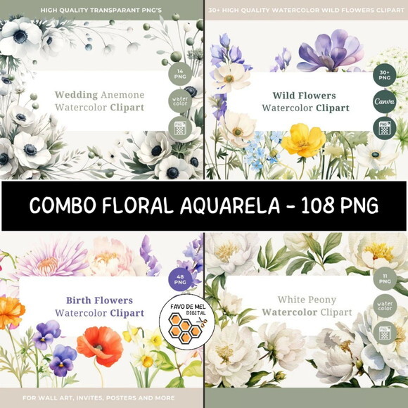 Combo Digital Floral Aquarela - 4 Kits