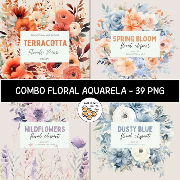 Combo Digital Floral Aquarela - 4 Kits (dfd)