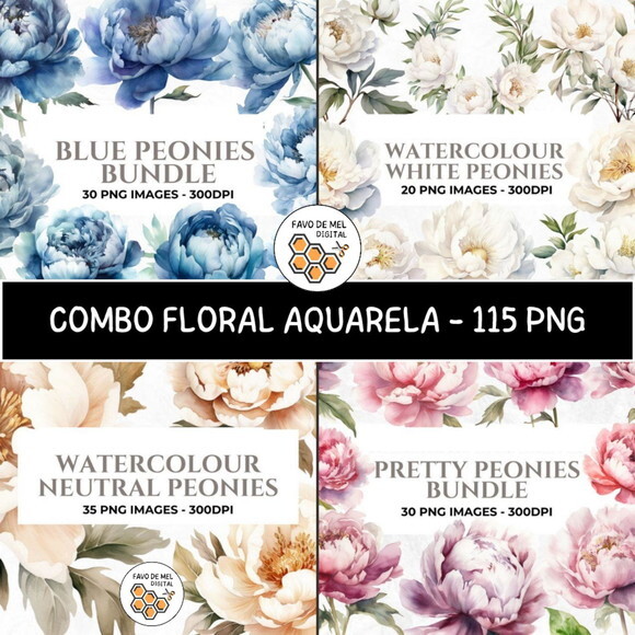 Combo Digital Floral Aquarela - 4 Kits 115 Png