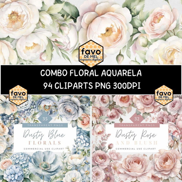 Combo Digital Floral Casamento Aquarela - 3 Kits (msp)