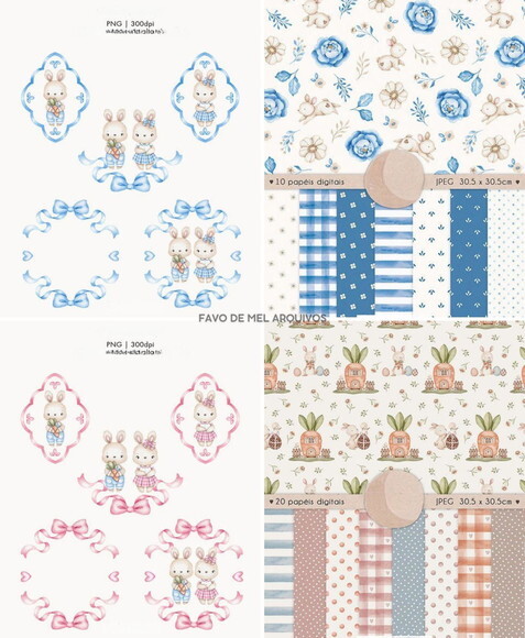 Combo Digital Ilustrações Coelhinhos Aquarela Png