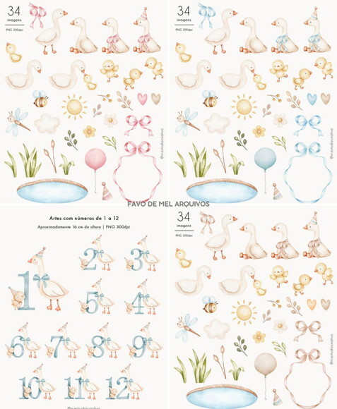 Combo Digital Ilustrações Patinhos e Gansos Aquarela Png
