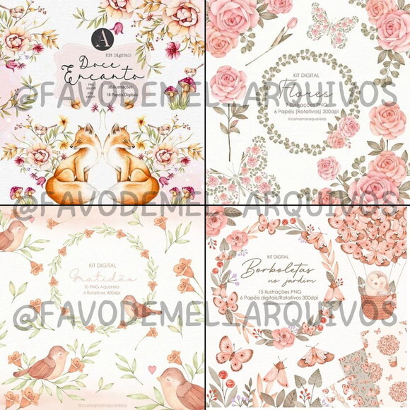 Combo Digital Jardim Aquarela 01 - Pack 16 Kits Digitais
