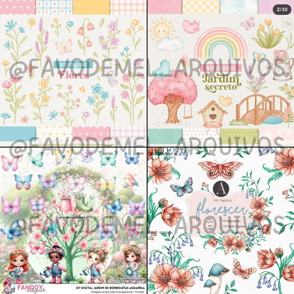 Combo Digital Jardim Aquarela 01 - Pack 16 Kits Digitais