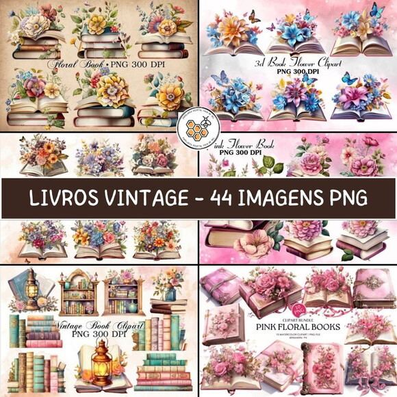 Combo Digital Livros Vintage Aquarela - 6 Kits Digitais
