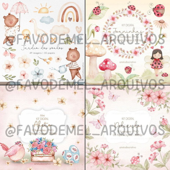 Combo Digital Jardim Aquarela 01 - Pack 16 Kits Digitais