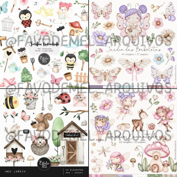 Combo Digital Jardim Aquarela 01 - Pack 16 Kits Digitais