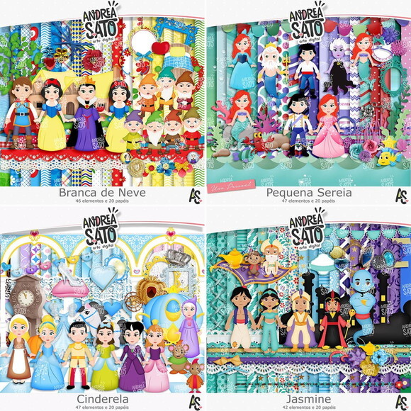 Combo Digital Princesas Scrapbook - 08 Kits Digitais Png Jpg