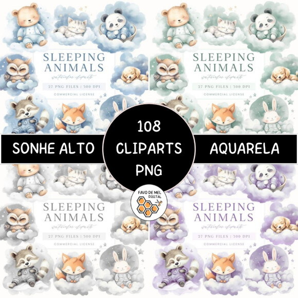 Combo Digital Sonhe Alto Aquarela - Sleeping Animals