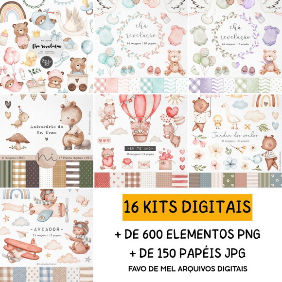 Combo Digital Ursinho Aquarela - 16 Kits Digitais #1